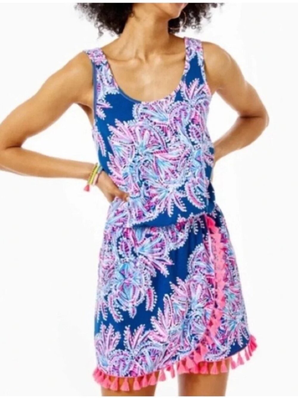 Lilly Pulitzer Jarrett Romper Sleeveless Tank Navy Blue Pink Tassels Size XL